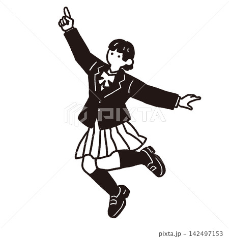 指を差してジャンプする女子学生の線画イラスト 142497153
