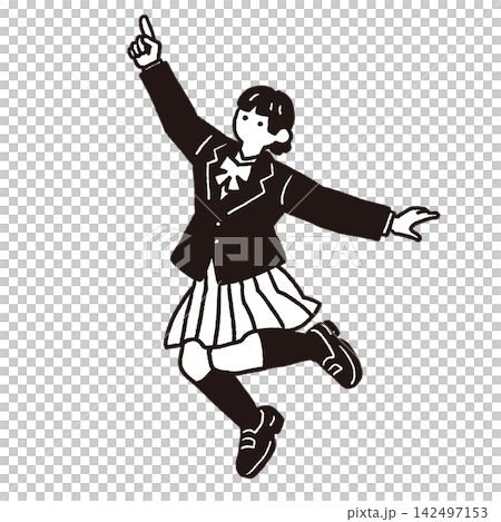 指を差してジャンプする女子学生の線画イラスト 142497153