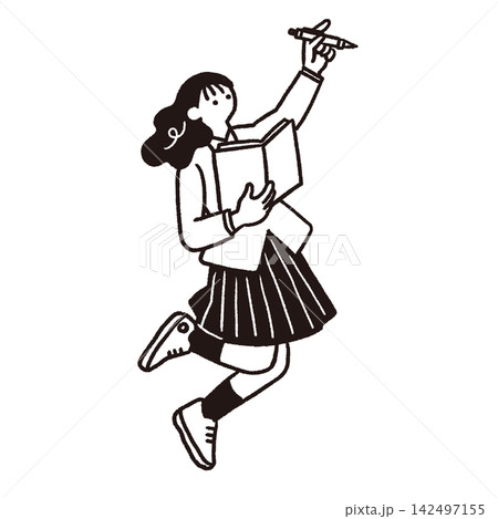 本を抱えペンを掲げる女子学生の線画イラスト 本を抱えペンを掲げる女子学生の線画イラスト 142497155