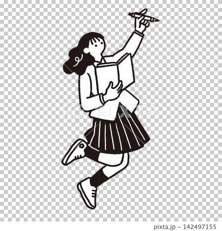 本を抱えペンを掲げる女子学生の線画イラスト 本を抱えペンを掲げる女子学生の線画イラスト 142497155