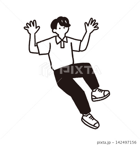 両手を広げて跳ねる男子学生のシンプルな線画イラスト 142497156