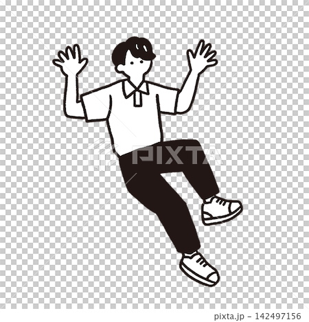 両手を広げて跳ねる男子学生のシンプルな線画イラスト 142497156
