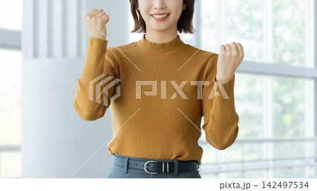 ガッツポーズをする女性・ビジネスウーマン ガッツポーズをする女性・ビジネスウーマン 142497534