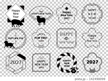 2027 年(羊年,令和 9 年)新年賀卡字體設計,英文版。 2027 年(羊年,令和 9 年)新年賀卡字體設計,英文版。 142498099