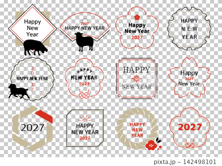 2027 年（羊年，令和 9 年）新年賀卡字體設計，英文版。 142498101