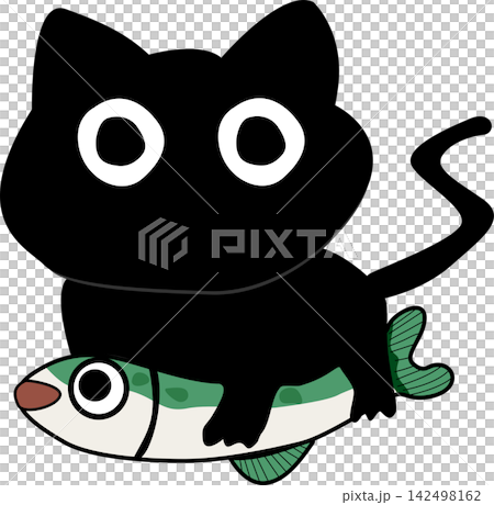 hand drawn Black cat riding a fish illustration cartoon hand drawn Black cat riding a fish illustration cartoon 142498162
