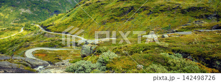 Autumn mountain landscape in Norway. Winding road in the mountains. Road 63 to Geiranger. View from Upper Blaafjeld Bridge Autumn mountain landscape in Norway. Winding road in the mountains. Road 63 to Geiranger. View from Upper Blaafjeld Bridge 142498726