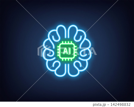 Outline neon AI brain, blue green. Neon human brain with integrated AI chip, artificial intelligence algorithms. Artificial mind, machine learning, data analysis system, digital education. Vector 142498832