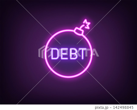 Outline neon debt bomb, magenta violet. Neon bomb with text Debt and burning fuse, finance risk management. Debt loan and credit burden, default risk, financial problems, economy stress. Vector Outline neon debt bomb, magenta violet. Neon bomb with text Debt and burning fuse, finance risk management. Debt loan and credit burden, default risk, financial problems, economy stress. Vector 142498845