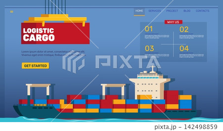 Cargo port logistics landing page. Container ship, harbor crane, freight shipping, maritime delivery, seaport, navigation blocks, infographic style qualitative vector cartoon flat concept Cargo port logistics landing page. Container ship, harbor crane, freight shipping, maritime delivery, seaport, navigation blocks, infographic style qualitative vector cartoon flat concept 142498859