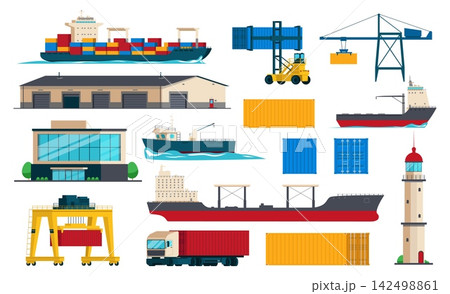 Cargo shipping. Seaport logistics, stacked containers, cranes, warehouse, truck, maritime global transport and freight terminal buildings, import export qualitative vector cartoon flat set 142498861