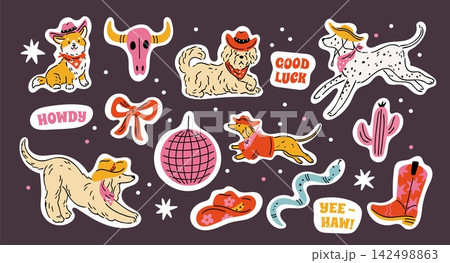 Cute cowboy dog stickers. Western puppies in hats, boots, cactus, disco ball and vintage wild west elements, funny pets with speech bubbles, stickers garish vector cartoon isolated set Cute cowboy dog stickers. Western puppies in hats, boots, cactus, disco ball and vintage wild west elements, funny pets with speech bubbles, stickers garish vector cartoon isolated set 142498863