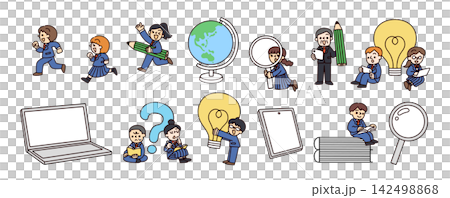A set of illustrations depicting multiple students and learning activities such as using computers and books. A set of illustrations depicting multiple students and learning activities such as using computers and books. 142498868
