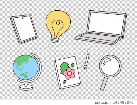 パソコンや虫眼鏡など学習関係イメージのイラストセット パソコンや虫眼鏡など学習関係イメージのイラストセット 142498870