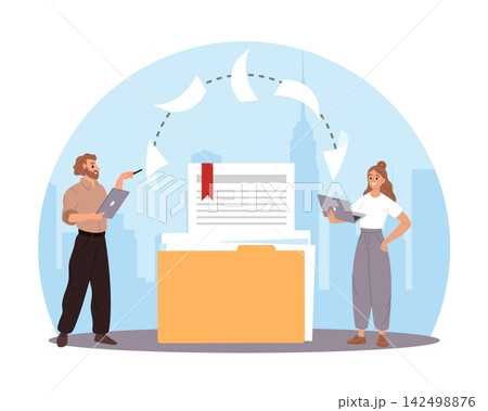 Document workflow and file management. Team organizing records, paper exchange, digital collaboration and office administration organization, bureaucracy operations vector cartoon concept Document workflow and file management. Team organizing records, paper exchange, digital collaboration and office administration organization, bureaucracy operations vector cartoon concept 142498876