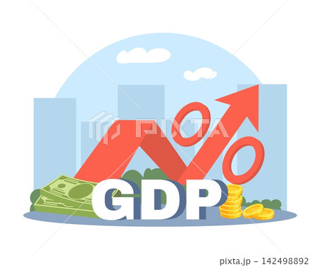 GDP growth and economic development. Rising gross domestic product, financial performance, business market expansion and investment growth trend, vector cartoon flat macroeconomic concept 142498892