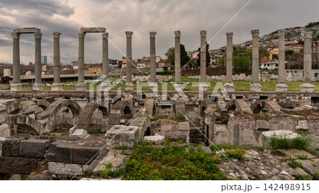 Historical ruins of the Agora of Smyrna in Izmir Turkey with modern cityscape in the background Historical ruins of the Agora of Smyrna in Izmir Turkey with modern cityscape in the background 142498915