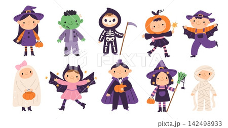 Cute halloween kids in festive costumes. Witch, vampire, ghost, mummy, pumpkin and skeleton, funny party children characters with accessories and playful poses, garish vector cartoon set Cute halloween kids in festive costumes. Witch, vampire, ghost, mummy, pumpkin and skeleton, funny party children characters with accessories and playful poses, garish vector cartoon set 142498933