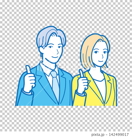 圖中描繪了一位男性和一位女性商務人士豎起大拇指的上半身。 圖中描繪了一位男性和一位女性商務人士豎起大拇指的上半身。 142499017