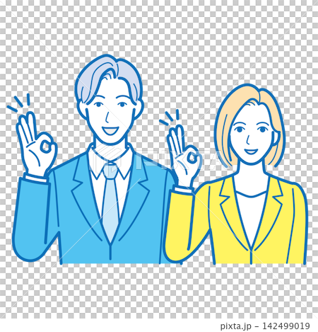 Upper body illustration of a male and female business person making an OK sign. Upper body illustration of a male and female business person making an OK sign. 142499019