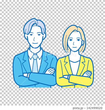 An illustration of the upper body of a male and female business person facing forward with their arms crossed. An illustration of the upper body of a male and female business person facing forward with their arms crossed. 142499020