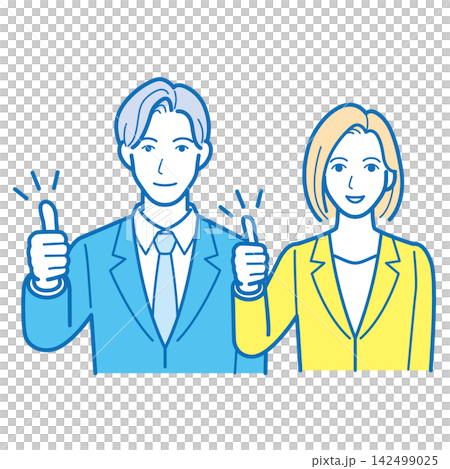 圖中描繪了一位男性和一位女性商務人士豎起大拇指的上半身。 圖中描繪了一位男性和一位女性商務人士豎起大拇指的上半身。 142499025