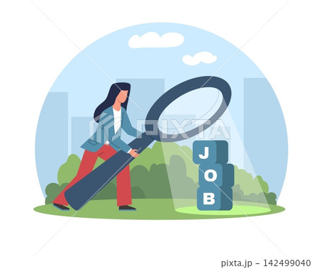 Job search and recruitment. Woman using magnifying glass to find career opportunities, hiring process, candidate selection, human resources in labor market vector cartoon isolated concept Job search and recruitment. Woman using magnifying glass to find career opportunities, hiring process, candidate selection, human resources in labor market vector cartoon isolated concept 142499040