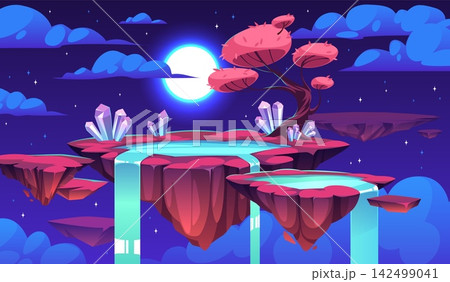 Magical floating island. Crystal lagoon, glowing sakura tree and waterfalls, fantasy night landscape under moonlight, surreal nature scenery, cosmic tidy vector cartoon isolated concept Magical floating island. Crystal lagoon, glowing sakura tree and waterfalls, fantasy night landscape under moonlight, surreal nature scenery, cosmic tidy vector cartoon isolated concept 142499041