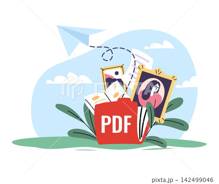 Pdf document sharing and file transfer. Digital files, images, online communication, document exchange, electronic records, portable format for storage, vector cartoon isolated concept 142499046