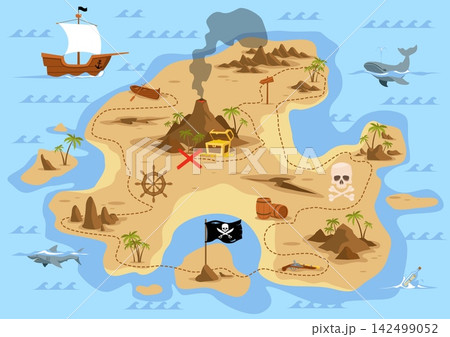 Pirate treasure map. Tropical island, volcano, hidden chest, ship and adventure route, fantasy board game, navigation scene, ship in ocean, qualitative vector cartoon isolated concept 142499052