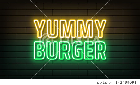 Neon text Yummy Burger, yellow green colors. Greeting promo banner with neon phrase Yummy Burger. Glowing outline text, burger restaurant and fast food. Vector illustration 142499091