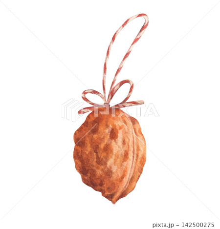Gold whole walnut in shell designed as traditional vintage Christmas tree style. The nut is tied with a striped red and white baker's twine string with a bow and hanging loop. Watercolor illustration Gold whole walnut in shell designed as traditional vintage Christmas tree style. The nut is tied with a striped red and white baker's twine string with a bow and hanging loop. Watercolor illustration 142500275