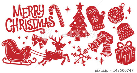 Christmas Hand Drawn Style Santa Set Holiday Icons Christmas Hand Drawn Style Santa Set Holiday Icons 142500747
