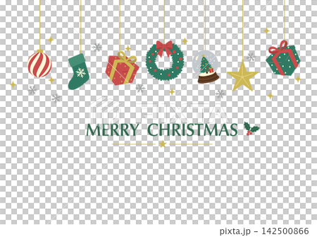 Christmas banner background, ornament illustrations, Christmas wreath, snow globe, stocking, presents Christmas banner background, ornament illustrations, Christmas wreath, snow globe, stocking, presents 142500866
