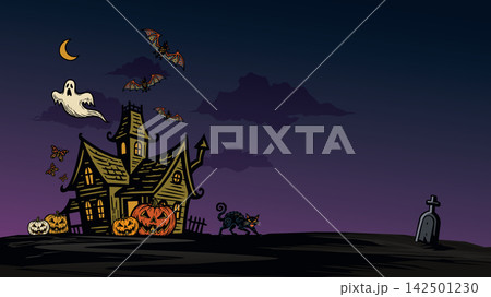 Haunted mansion in Halloween night with bats, pumpkins, ghosts, black cat, graveyard and purple sky background have blank space. Haunted mansion in Halloween night with bats, pumpkins, ghosts, black cat, graveyard and purple sky background have blank space. 142501230