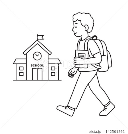 Student boy walking to school with backpack and notebook line art Student boy walking to school with backpack and notebook line art 142501261