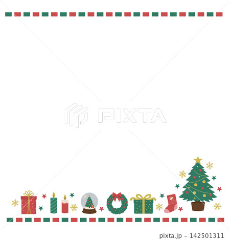 クリスマス　バナー　クリスマスツリーとプレゼントのイラスト　クリスマスリース　靴下　 142501311