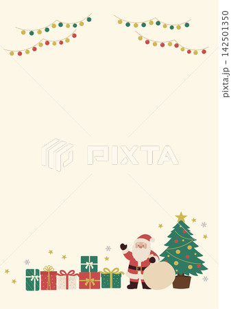 クリスマス バナー サンタクロースとクリスマスツリーとプレゼントのイラスト クリスマス バナー サンタクロースとクリスマスツリーとプレゼントのイラスト 142501350