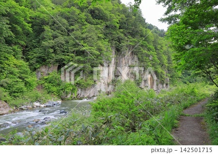 新緑の屏風岩と伊南川／福島県南会津郡 南会津町 142501715