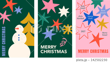 Colorful Christmas greeting card collection with hand drawn snowman, Christmas trees, stars and Colorful Christmas greeting card collection with hand drawn snowman, Christmas trees, stars and 142502230