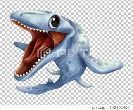 Watercolor mosasaurus marine reptile isolated PNG illustration, featuring a cute hand-drawn blue prehistoric aquatic dinosaur cartoon character on transparent background for digital design and 142502400