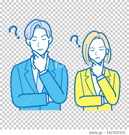 一幅描繪男性和女性商務人士上半身的插圖,他們手托下巴,正在思考某個問題或難題。 一幅描繪男性和女性商務人士上半身的插圖,他們手托下巴,正在思考某個問題或難題。 142502501