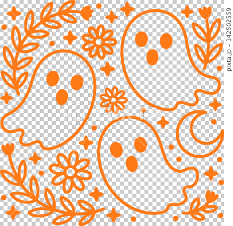 Cute Halloween Ghosts with Moon and Floral Wreath Illustration	 142502559