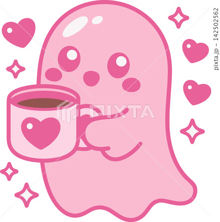Cute Pink Ghost Drinking Coffee with Hearts Illustration Cute Pink Ghost Drinking Coffee with Hearts Illustration 142502562