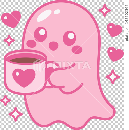 Cute Pink Ghost Drinking Coffee with Hearts Illustration Cute Pink Ghost Drinking Coffee with Hearts Illustration 142502562