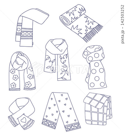 Patterned Scarves Line Art Set. Outline Winter Cozy Knitted Scarf Doodle Collection. Vector Illustration. Isolated Hand Drawn for Coloring Book, Craft and Fashion Design. 142503252