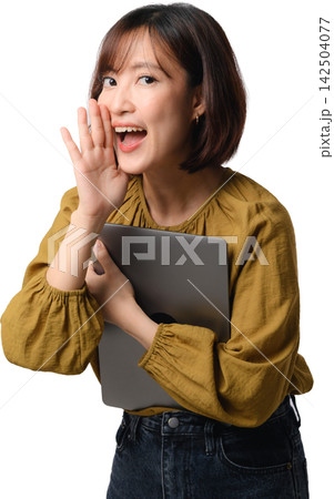 Cheerful asian woman whispering secret holding laptop computer against transparency background displaying happy expression while sharing Cheerful asian woman whispering secret holding laptop computer against transparency background displaying happy expression while sharing 142504077