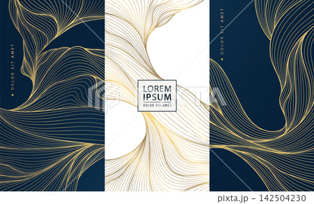 Luxury blue and gold wave pattern with elegant lines, geometric Art Deco elements, Japanese design. Wine labels, packaging, chocolate boxes, menus, invitations, cards, and premium branding 142504230