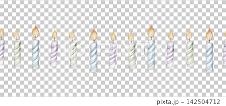 Watercolor birthday burning candles in various colors and striped patterns. Seamless border. Template for greeting card, invitation. Hand painted illustration isolated on transparent background 142504712