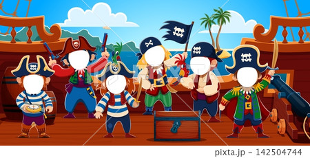 Caribbean kid pirates photobooth photo cutout face holes. Cartoon pirate ship photo booth featuring treasure chest, cannon, parrot and wooden deck for children birthday event and school carnival 142504744